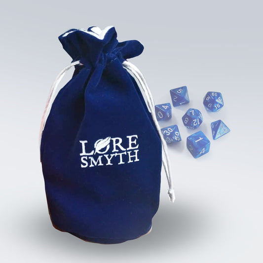 Blue Loresmyth Dice Bag with Dice Inside
