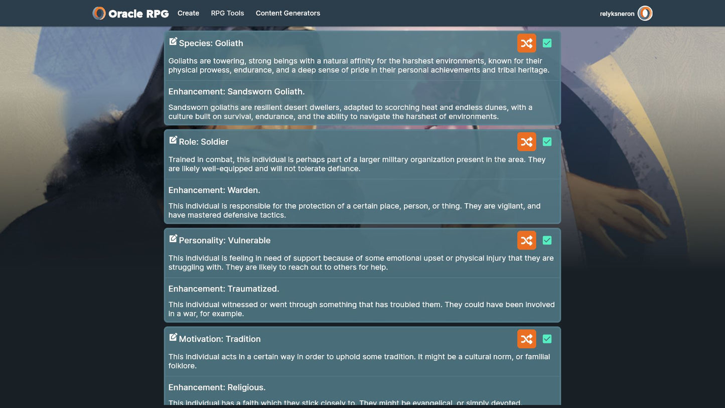 Character Generator Oracle RPG Module
