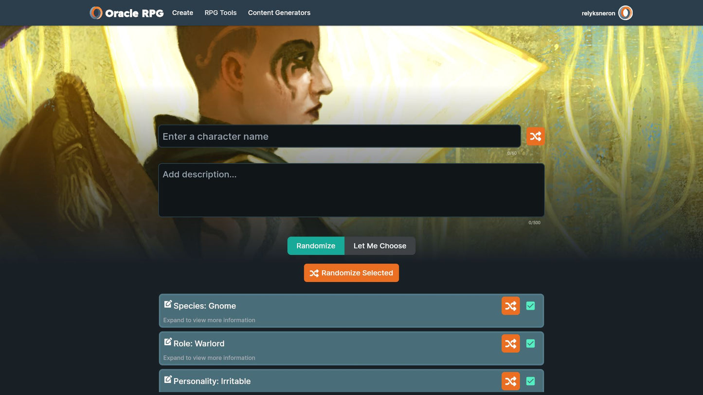 Character Generator Oracle RPG Module