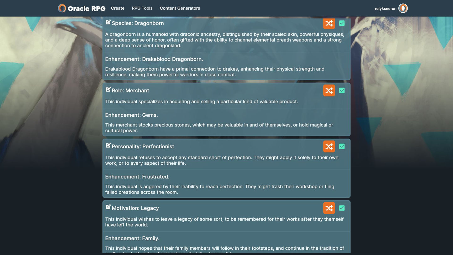 Character Generator Oracle RPG Module