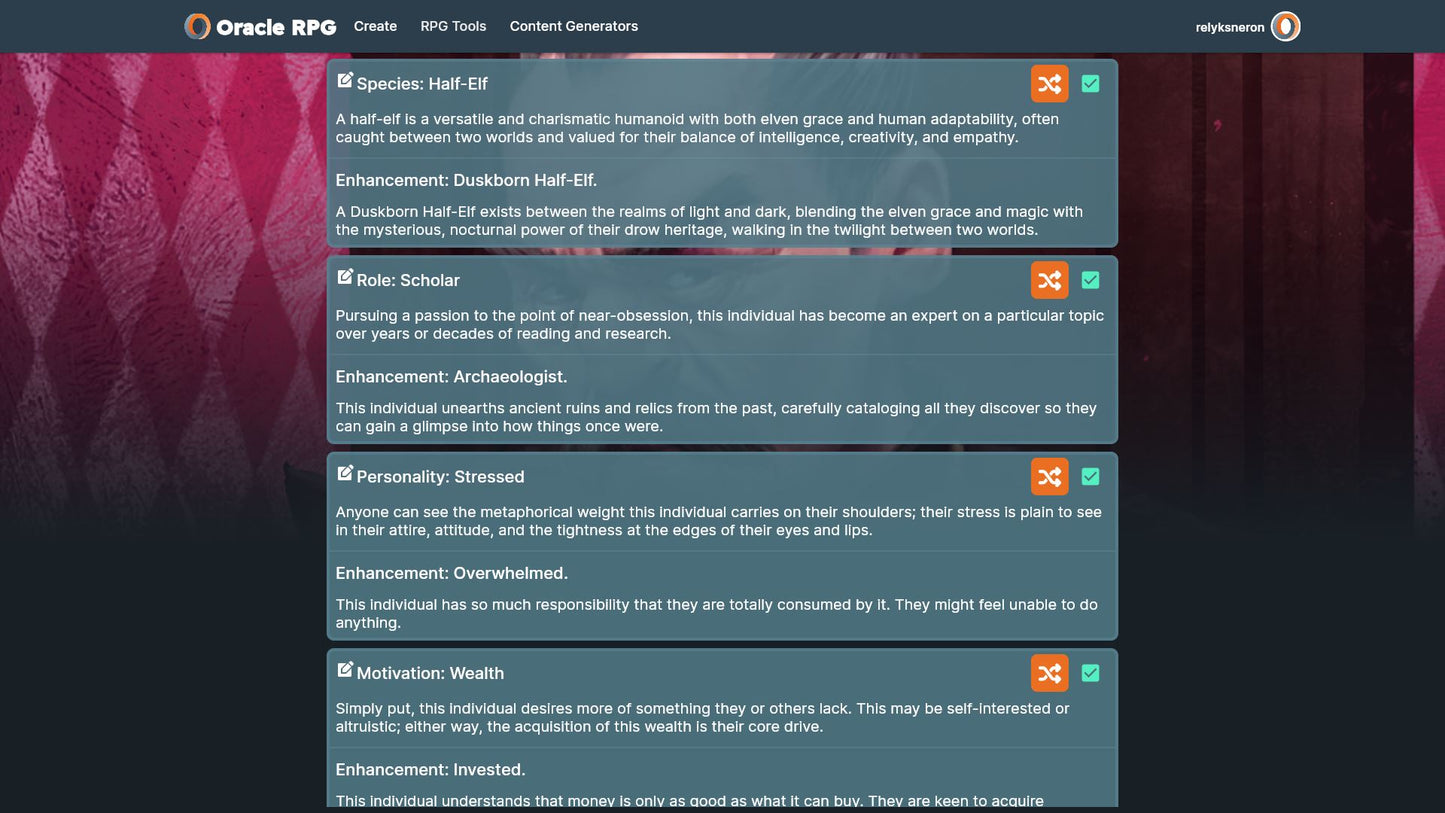 Character Generator Oracle RPG Module