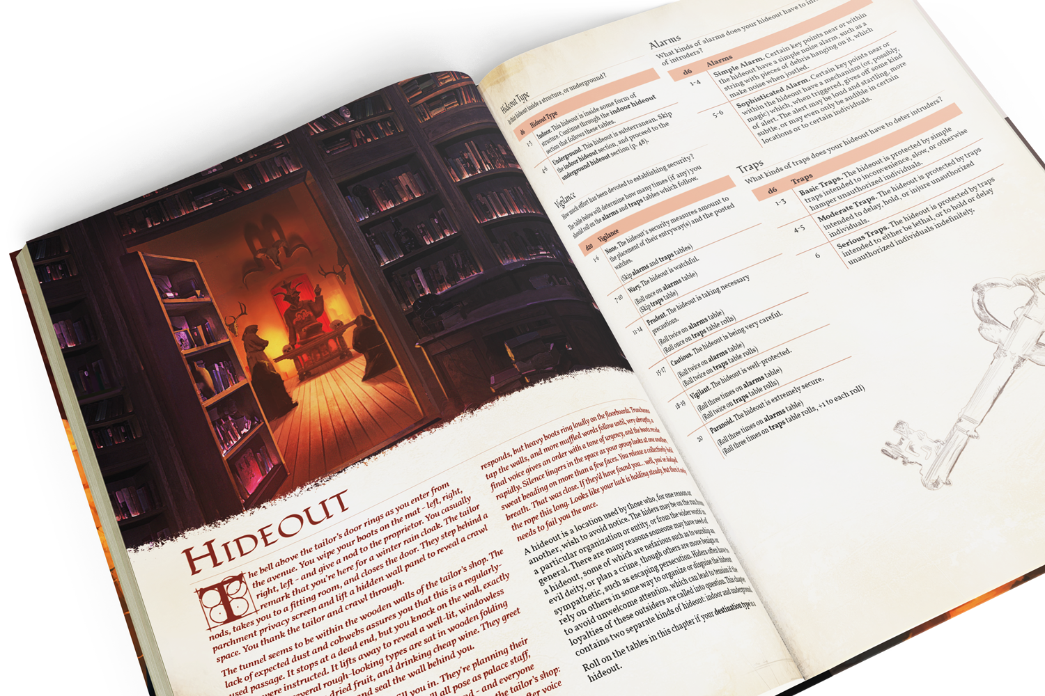 Dangerous Destinations interior spread showing the Hideout chapter with worldbuilding tables
