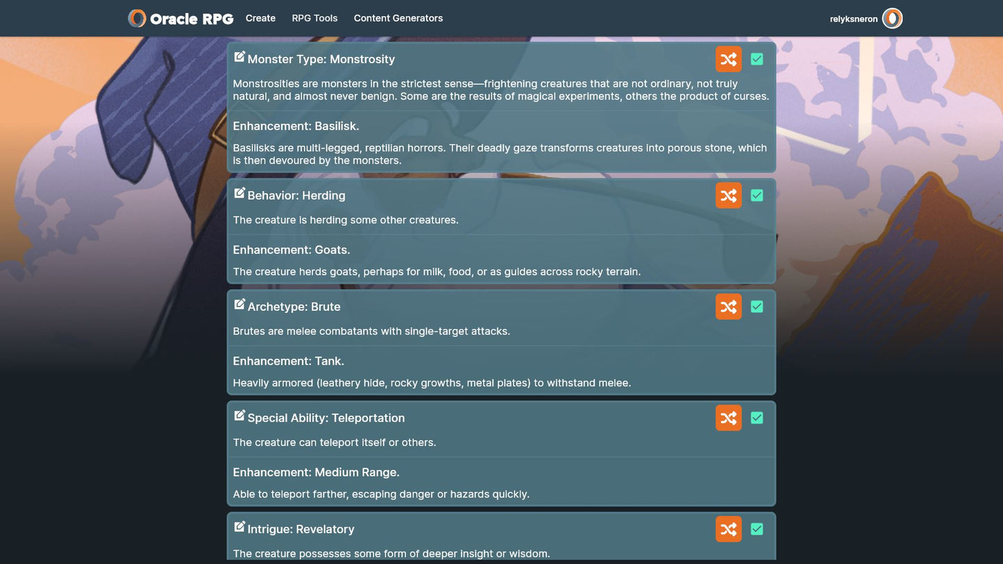 Monster Generator Oracle RPG Module